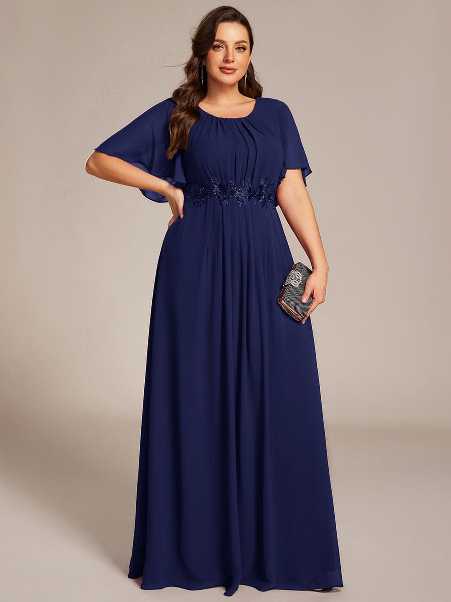 Robe D'invité De Mariage En Mousseline De Soie Mi-Longue Plissée à Manches à Volants Et Col En V  #Couleur_Bleu Marine