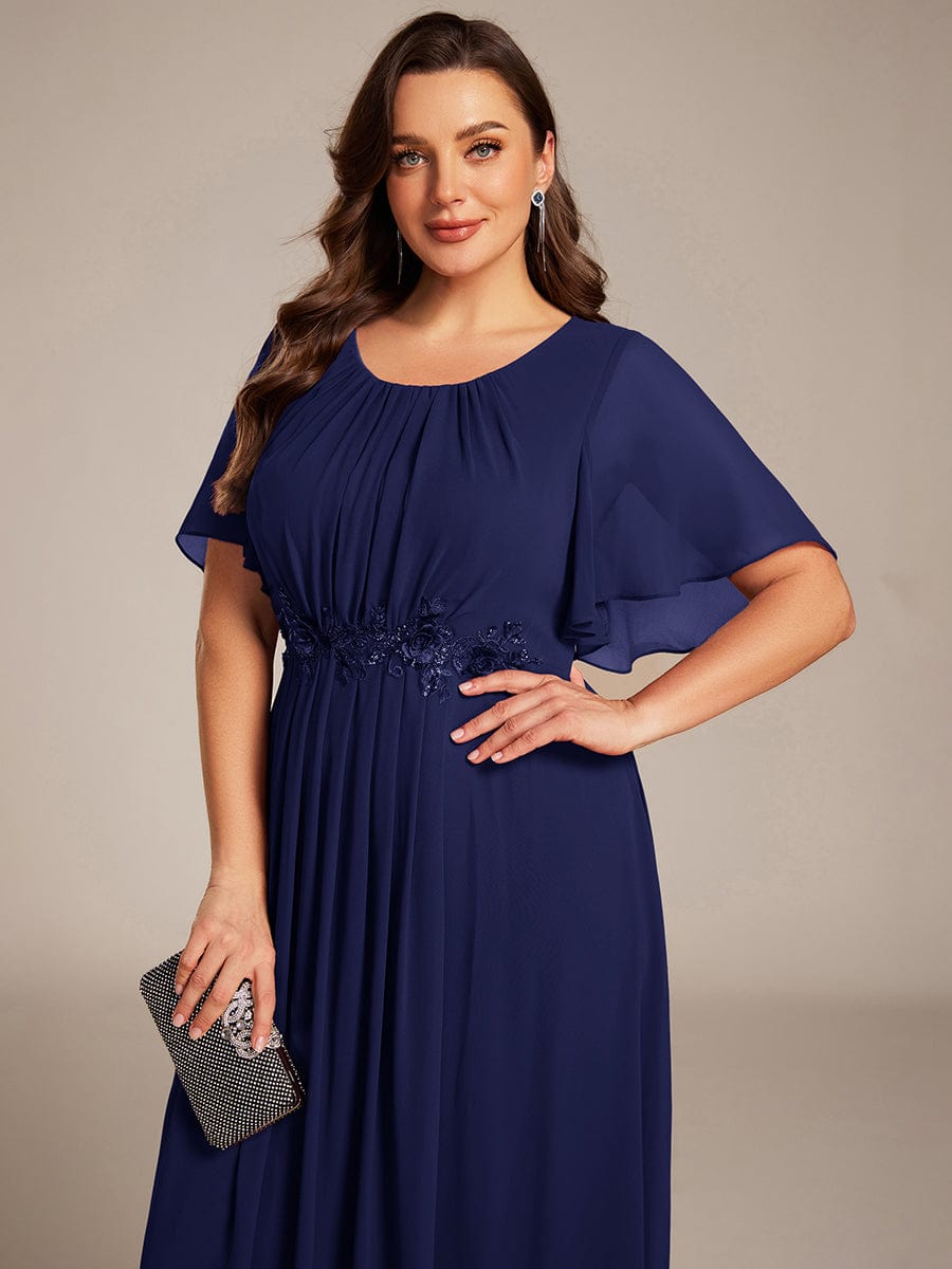 Robe D'invité De Mariage En Mousseline De Soie Mi-Longue Plissée à Manches à Volants Et Col En V  #Couleur_Bleu Marine