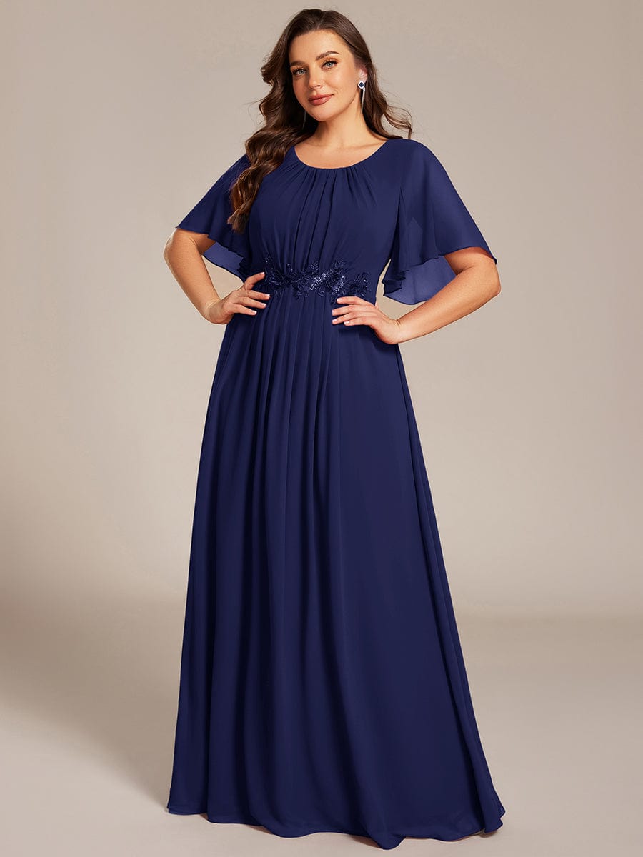 Robe D'invité De Mariage En Mousseline De Soie Mi-Longue Plissée à Manches à Volants Et Col En V  #Couleur_Bleu Marine