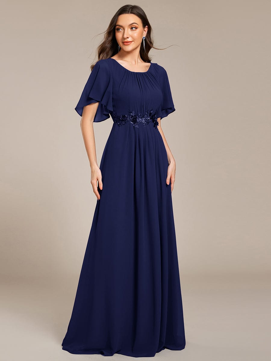 Robe D'invité De Mariage En Mousseline De Soie Mi-Longue Plissée à Manches à Volants Et Col En V  #Couleur_Bleu Marine