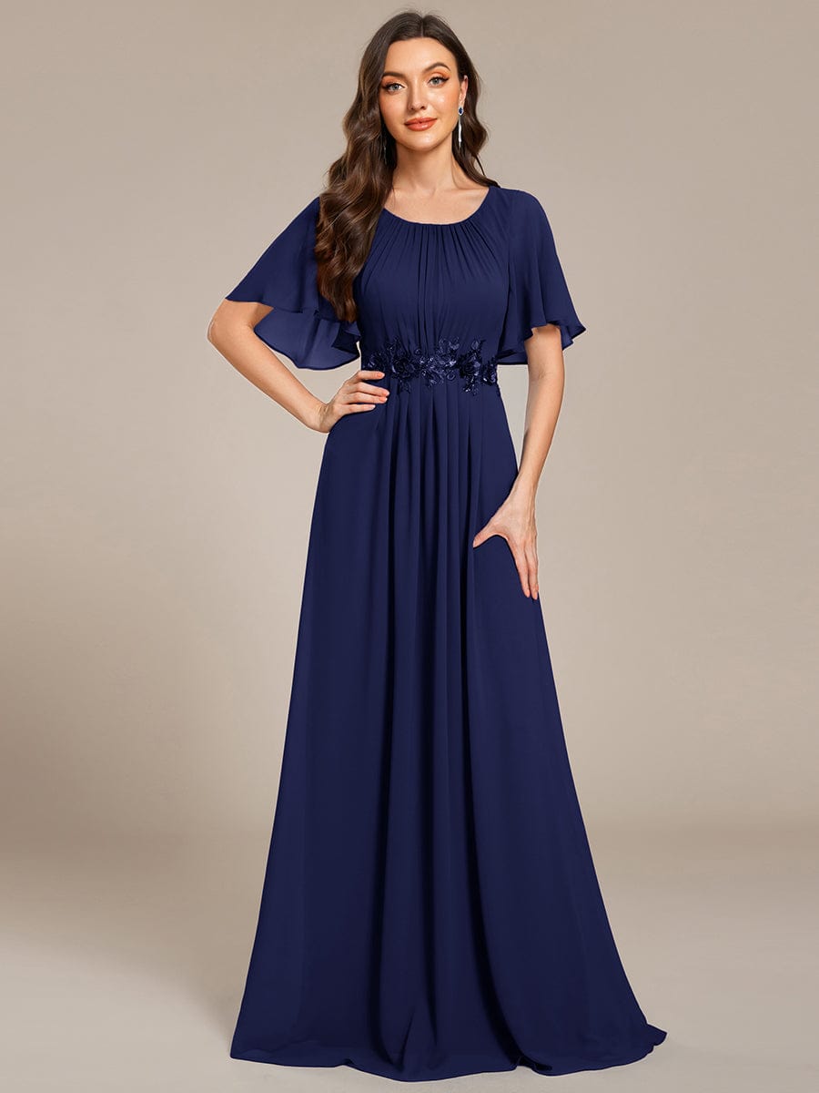 Robe D'invité De Mariage En Mousseline De Soie Mi-Longue Plissée à Manches à Volants Et Col En V  #Couleur_Bleu Marine