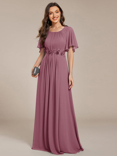 ever ASPYN|Robe de demoiselle d'honneur en mousseline à manches courtes et col rond