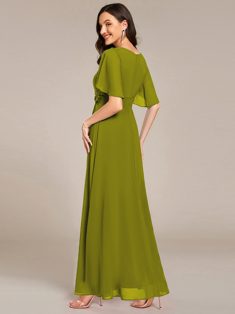 Robe D'invité De Mariage En Mousseline De Soie Mi-Longue Plissée à Manches à Volants Et Col En V #Couleur_Citron