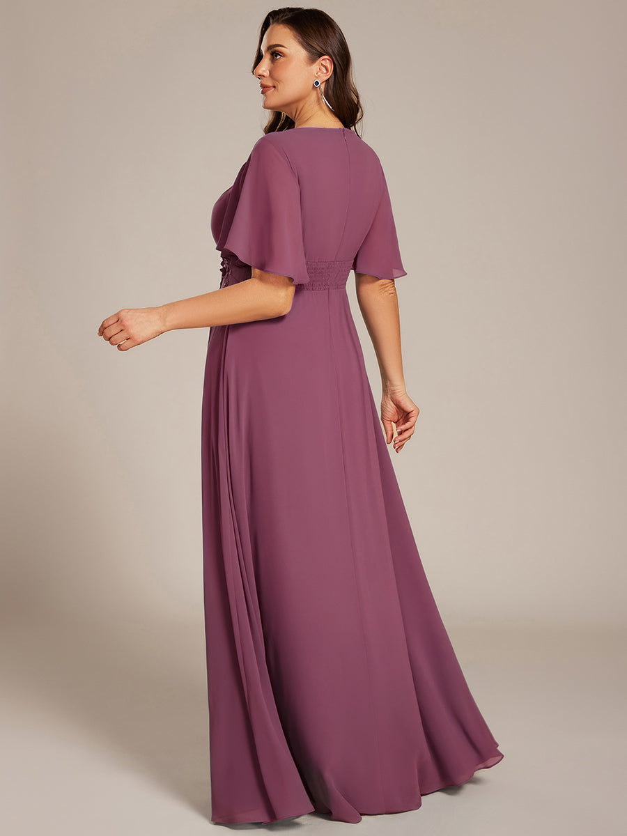 Robe de soirée trapèze à manches courtes et appliques plissées #Couleur_DS