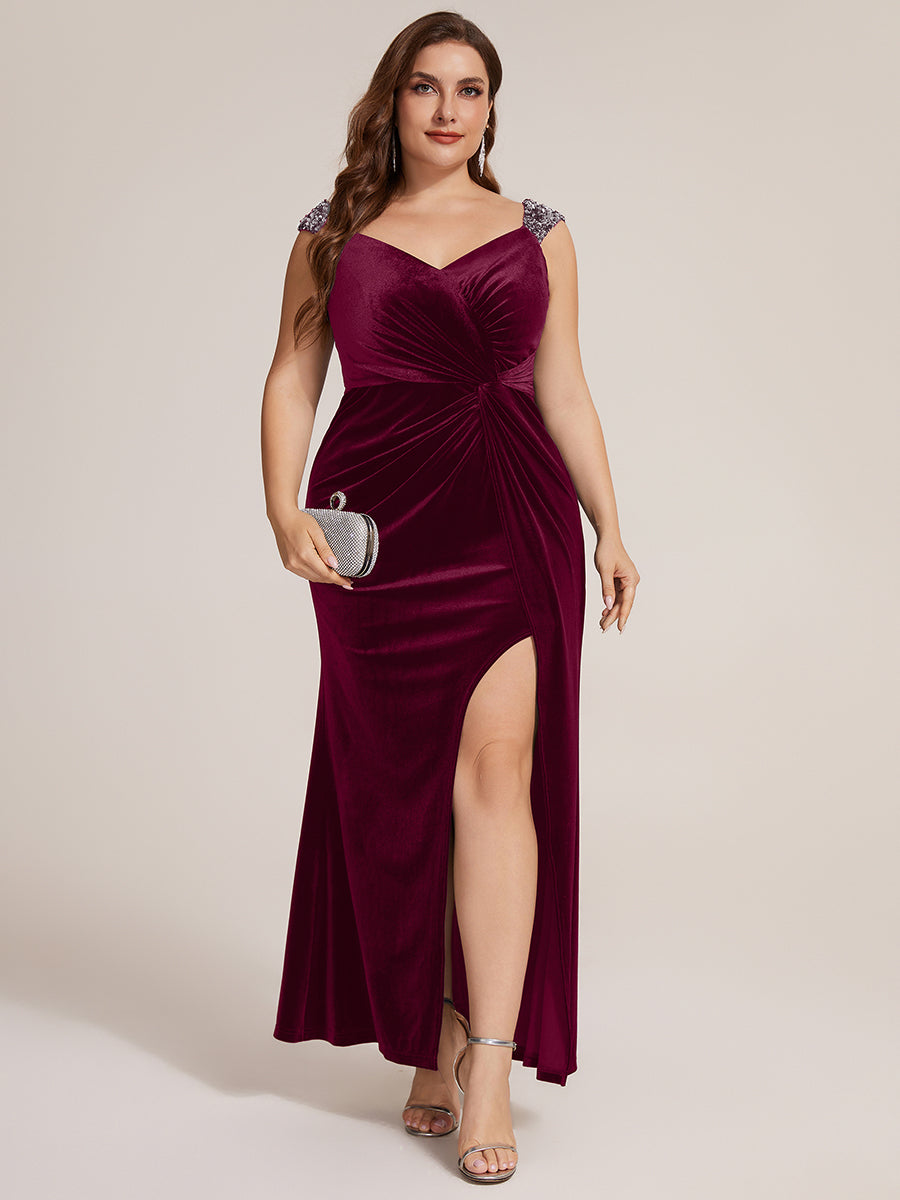 Robe sirène sans manches à décolleté en V en sequins longueur maxi avec fermeture éclair au dos et fente #Couleur_Bordeaux