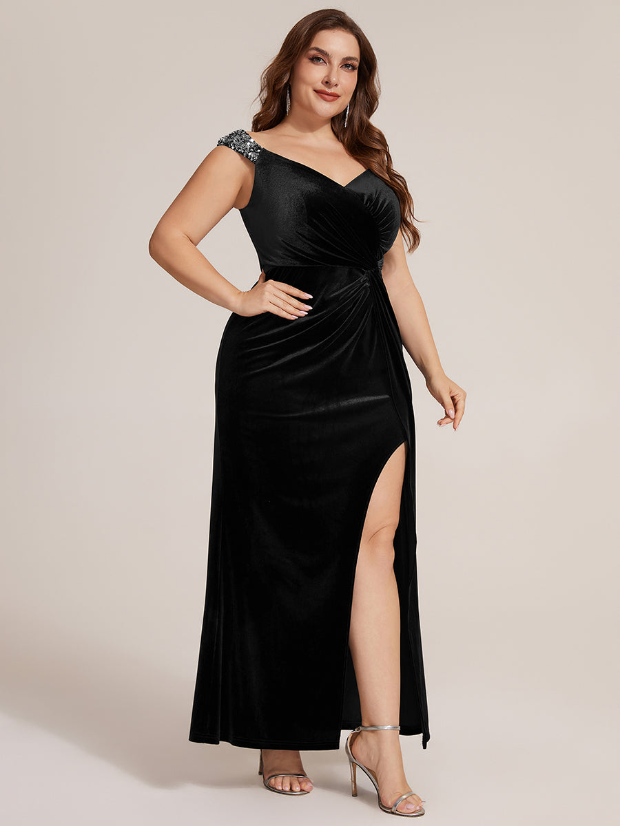 Robe sirène sans manches à décolleté en V en sequins longueur maxi avec fermeture éclair au dos et fente #Couleur_Noir