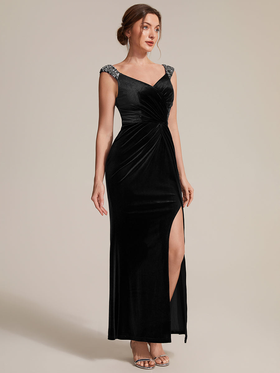 Robe sirène sans manches à décolleté en V en sequins longueur maxi avec fermeture éclair au dos et fente #Couleur_Noir