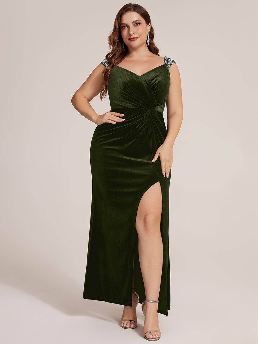 Robe sirène sans manches à décolleté en V en sequins longueur maxi avec fermeture éclair au dos et fente #Couleur_Vert Olive