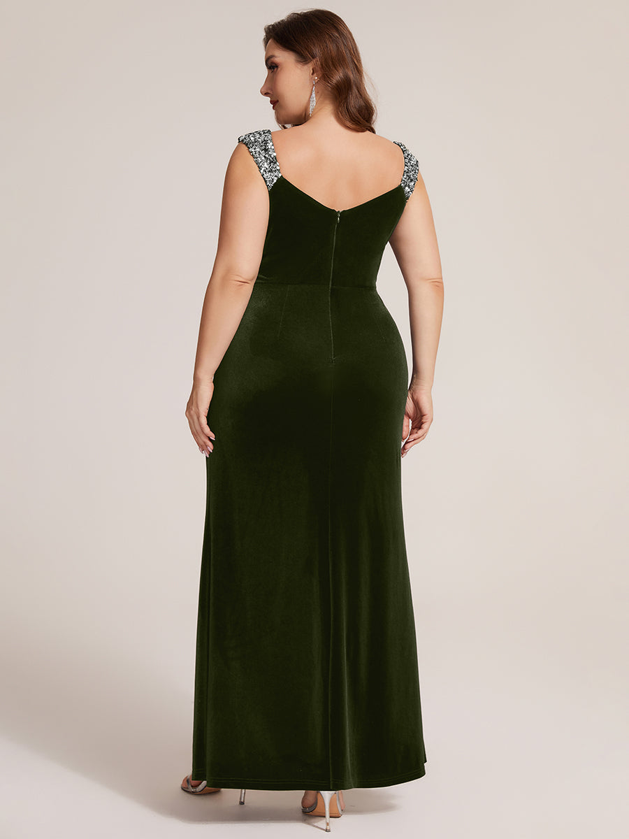 Robe sirène sans manches à décolleté en V en sequins longueur maxi avec fermeture éclair au dos et fente #Couleur_Vert Olive