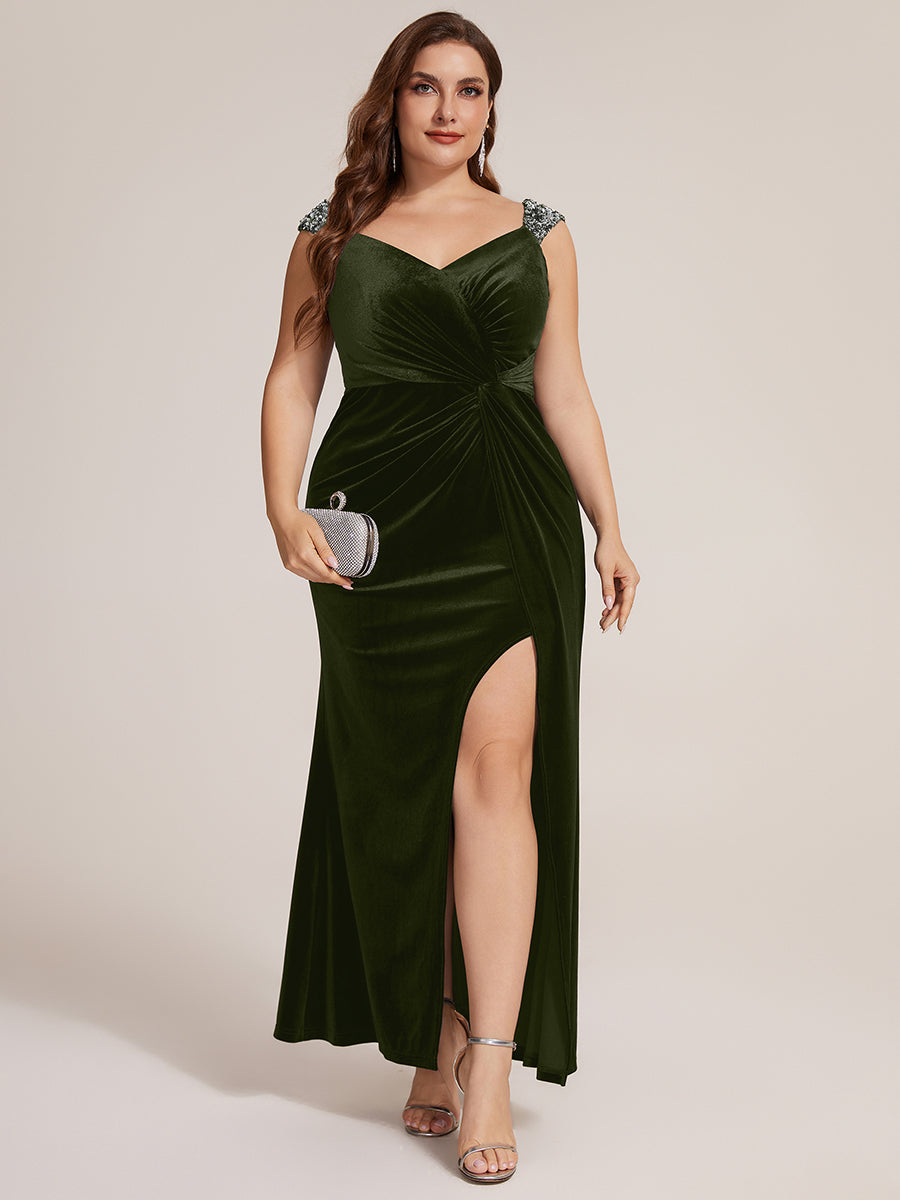 Robe sirène sans manches à décolleté en V en sequins longueur maxi avec fermeture éclair au dos et fente #Couleur_Vert Olive