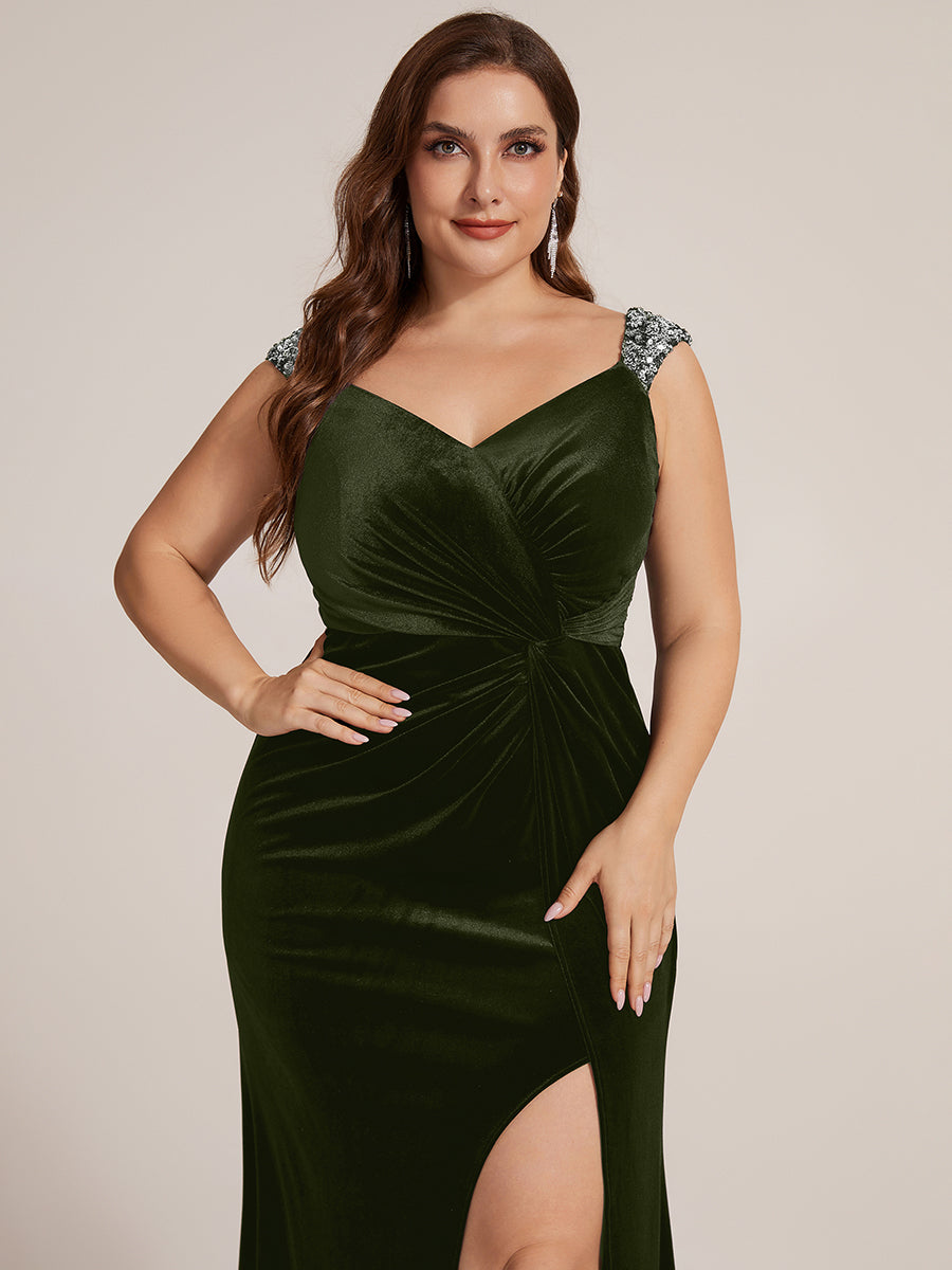 Robe sirène sans manches à décolleté en V en sequins longueur maxi avec fermeture éclair au dos et fente #Couleur_Vert Olive