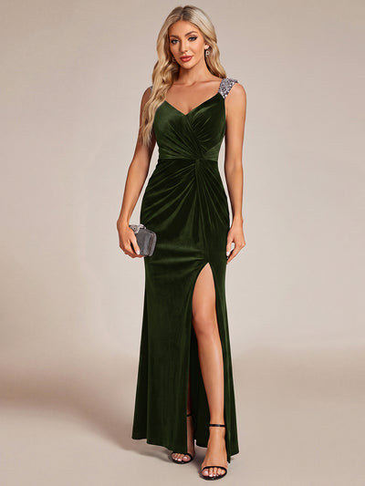 Robe longue glamour en velours avec décolleté V, paillettes et fente