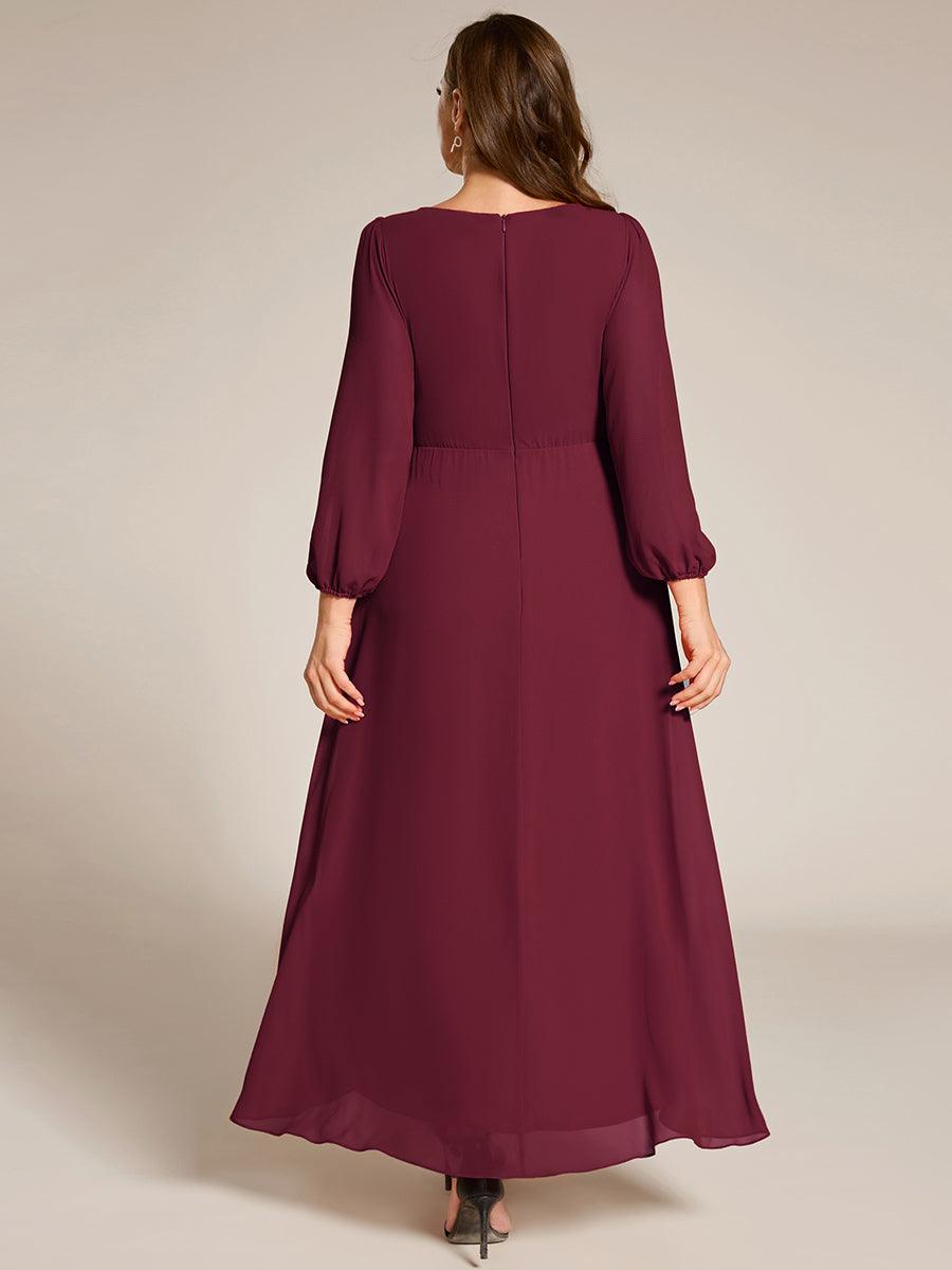 Robe de soirée en mousseline de soie à manches longues et col en V grande taille #Couleur_Bordeaux