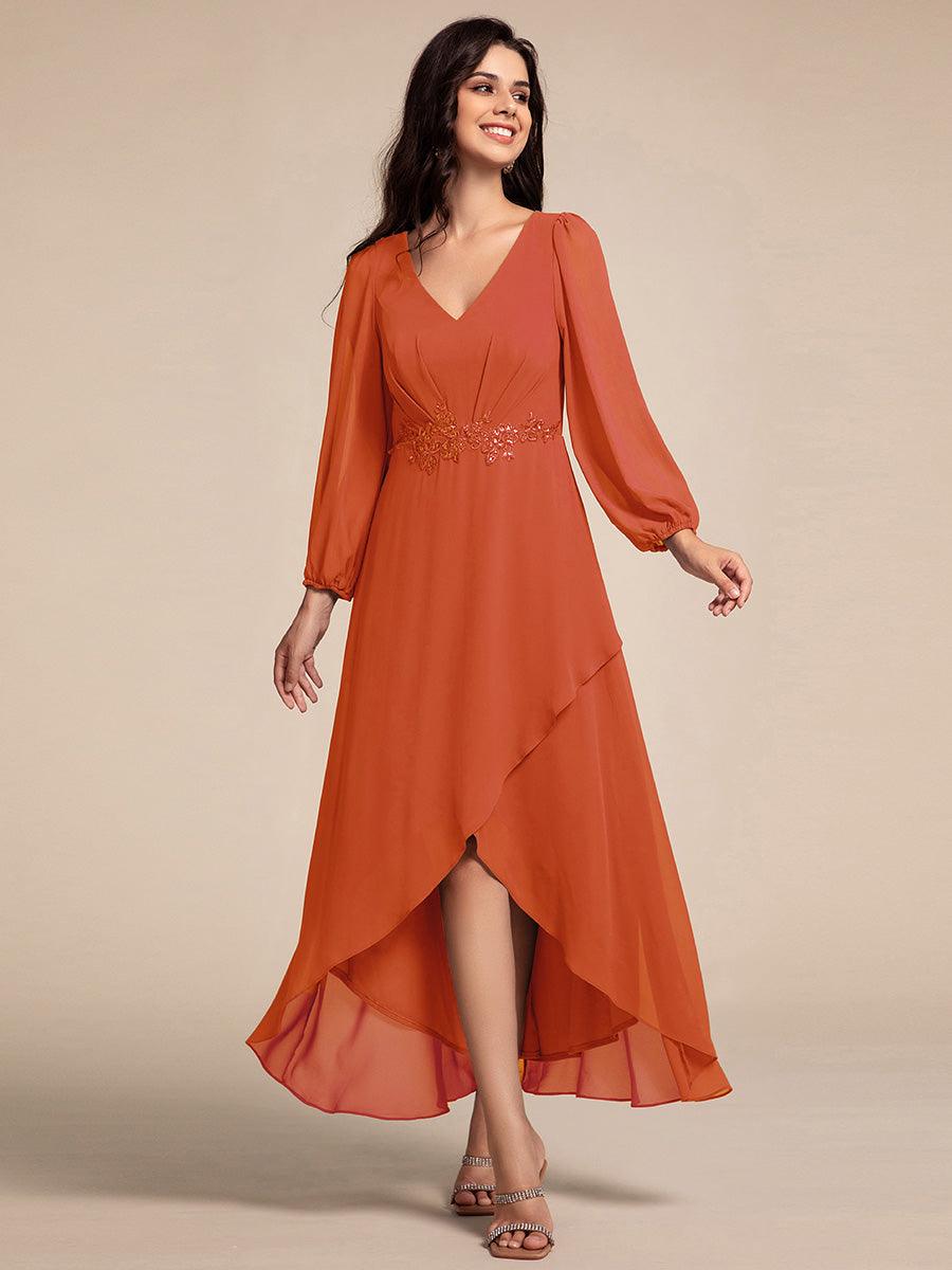 Robe de soirée formelle en mousseline de soie à manches longues et appliques à la taille #Couleur_Burnt Orange