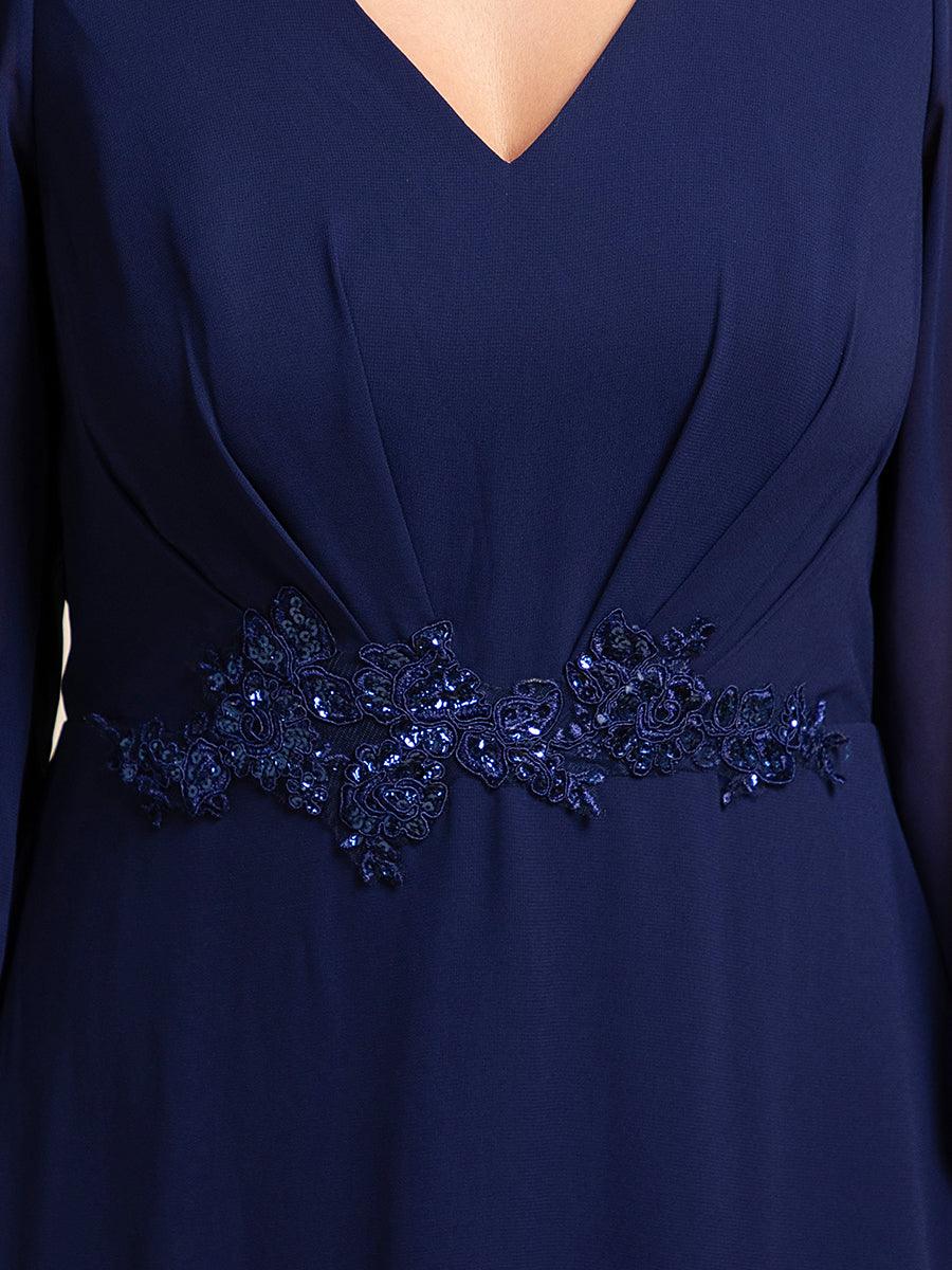 Robe de soirée formelle en mousseline de soie à manches longues et appliques à la taille #Couleur_Bleu Marine