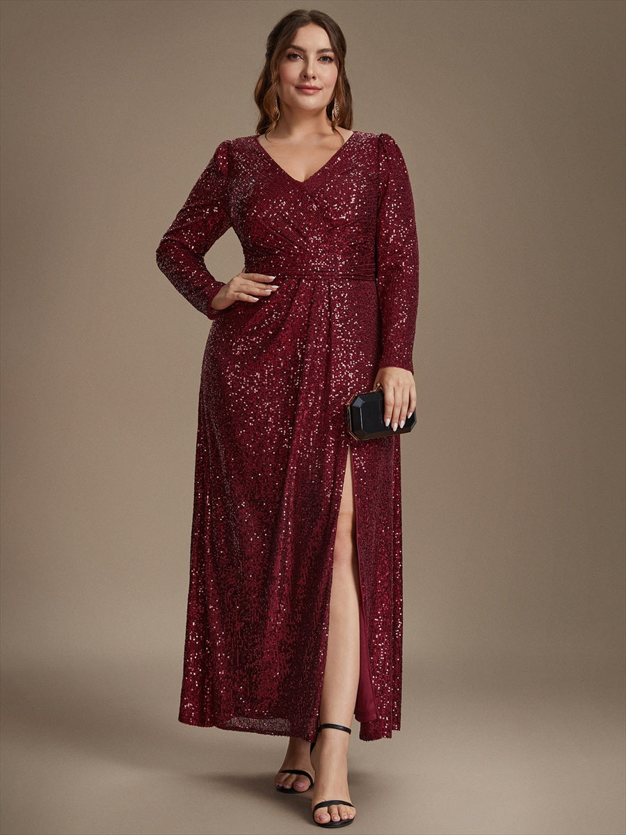 Robe maxi ajustée à manches longues en V avec fermeture éclair au dos #Couleur_Bordeaux