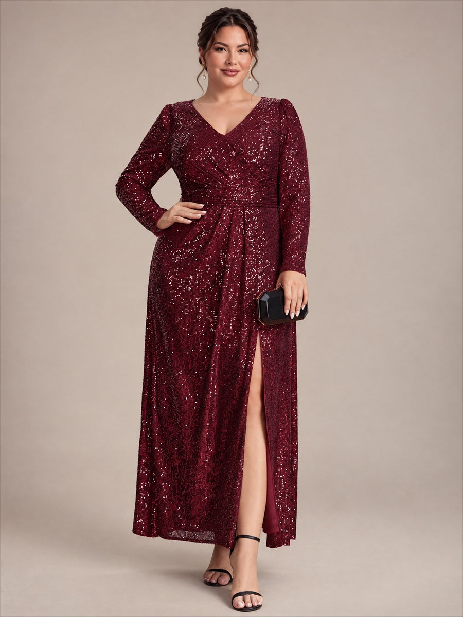 Robe maxi ajustée à manches longues en V avec fermeture éclair au dos #Couleur_Bordeaux
