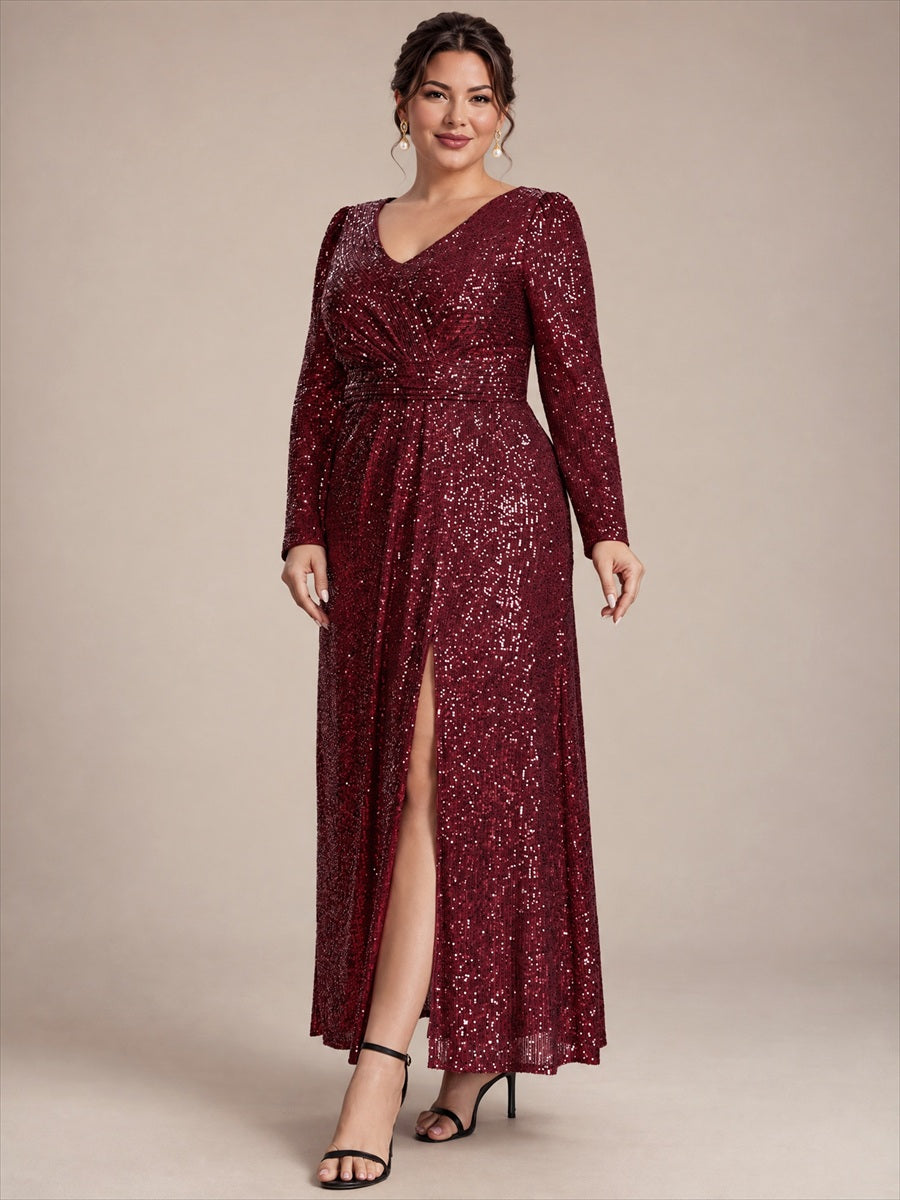 Robe maxi ajustée à manches longues en V avec fermeture éclair au dos #Couleur_Bordeaux