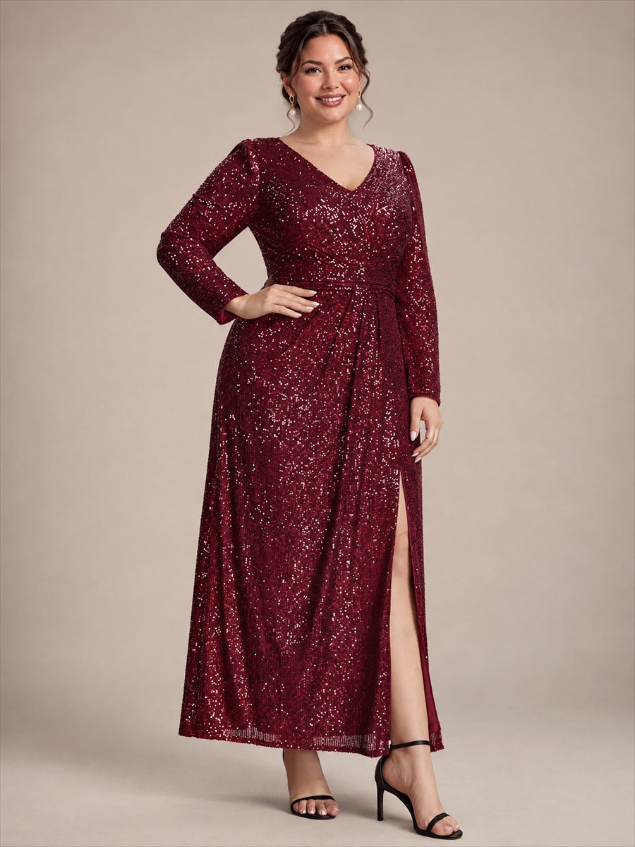 Robe maxi ajustée à manches longues en V avec fermeture éclair au dos #Couleur_Bordeaux