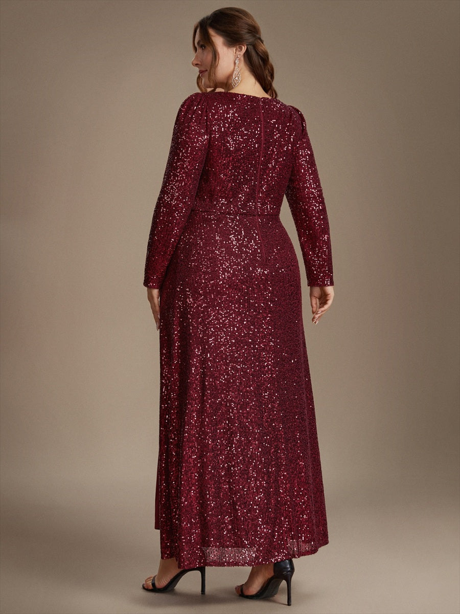 Robe maxi ajustée à manches longues en V avec fermeture éclair au dos #Couleur_Bordeaux