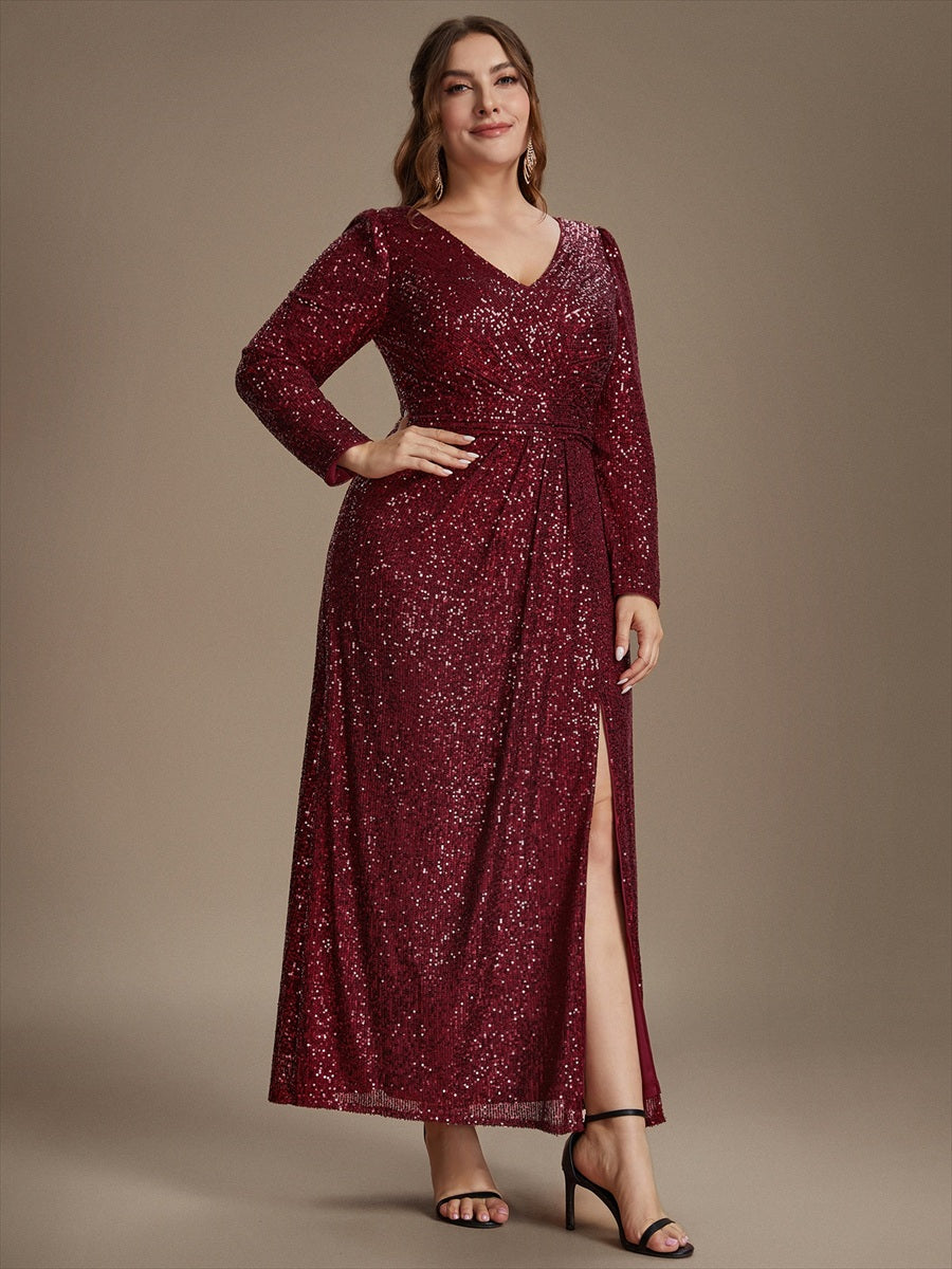 Robe maxi ajustée à manches longues en V avec fermeture éclair au dos #Couleur_Bordeaux