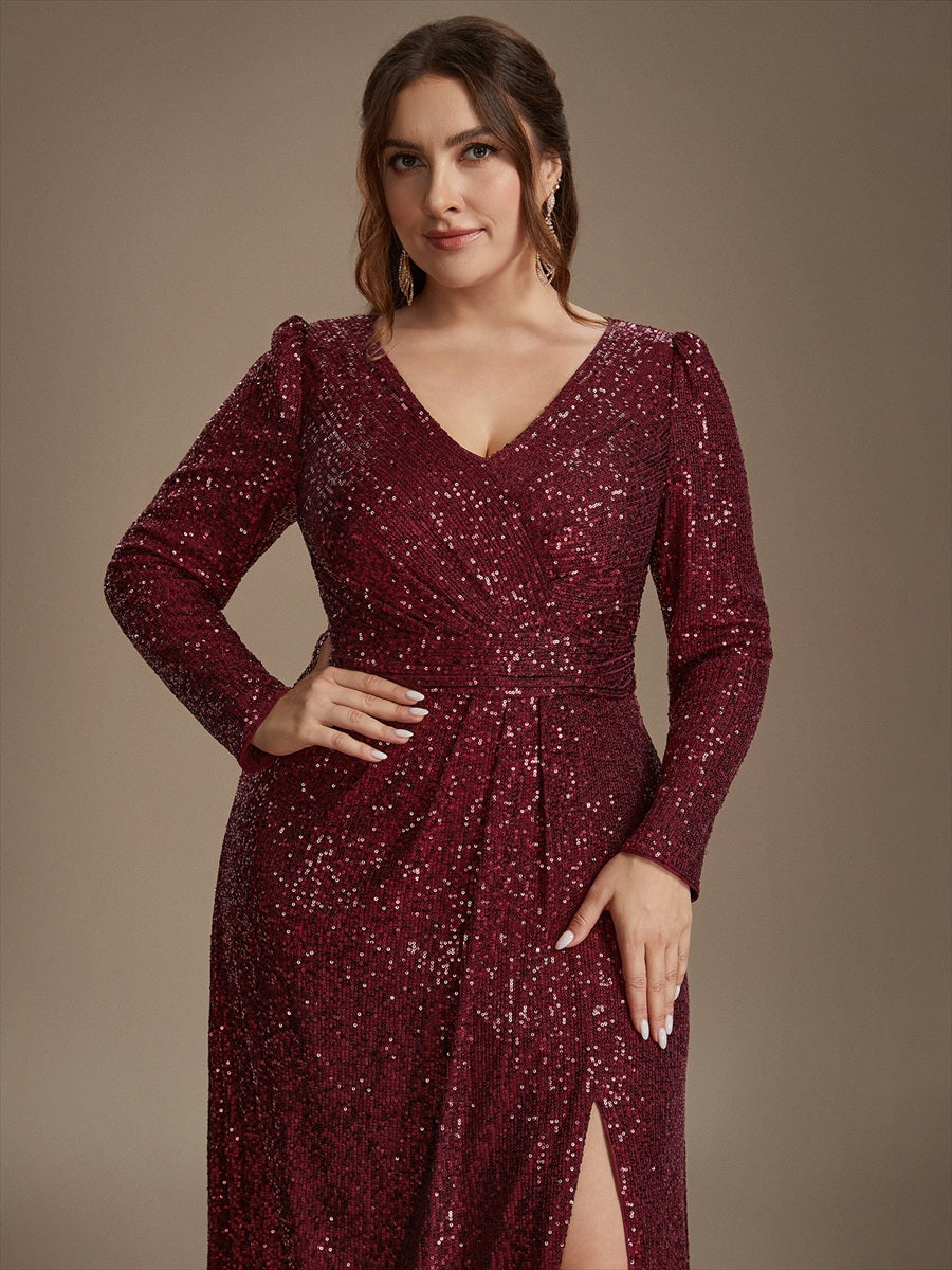 Robe maxi ajustée à manches longues en V avec fermeture éclair au dos #Couleur_Bordeaux