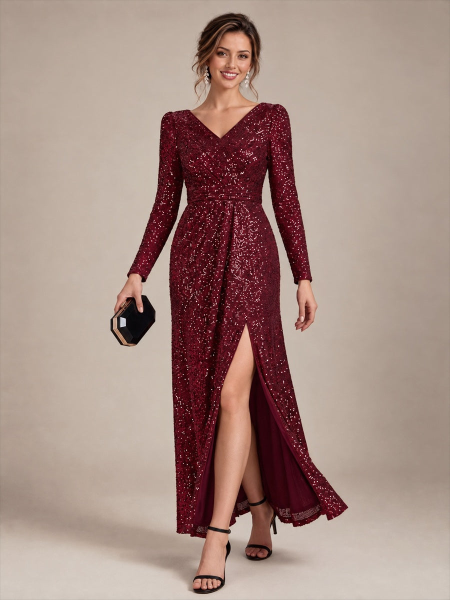 Robe maxi ajustée à manches longues en V avec fermeture éclair au dos #Couleur_Bordeaux
