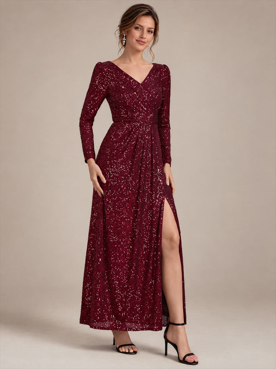 Robe maxi ajustée à manches longues en V avec fermeture éclair au dos #Couleur_Bordeaux