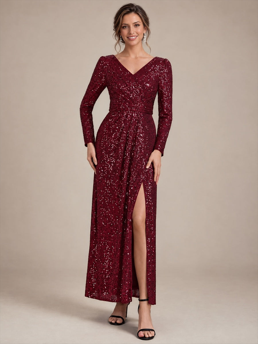Robe maxi ajustée à manches longues en V avec fermeture éclair au dos #Couleur_Bordeaux