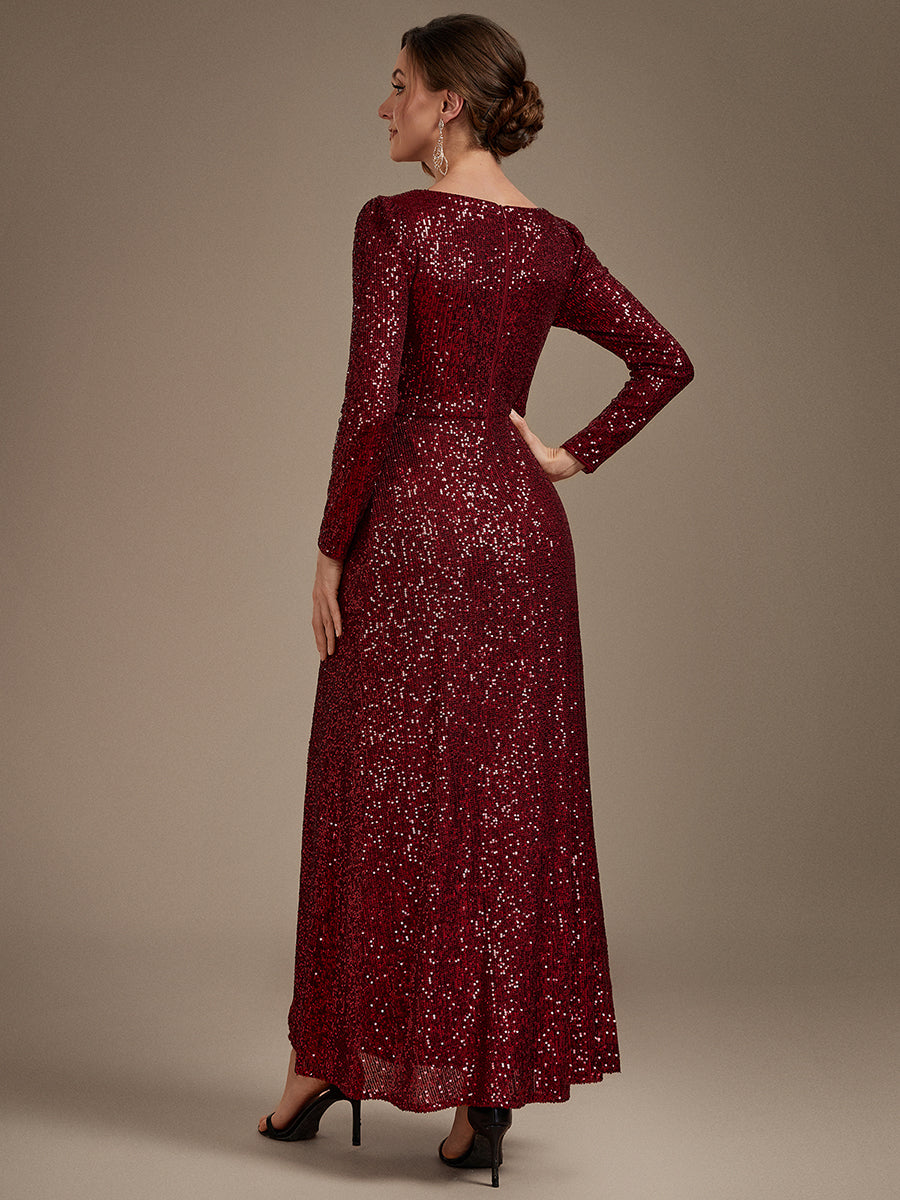 Robe maxi ajustée à manches longues en V avec fermeture éclair au dos #Couleur_Bordeaux