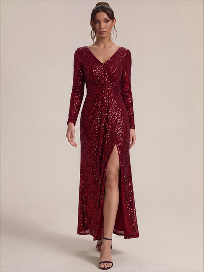 Robe longue à paillettes, manches longues et col V