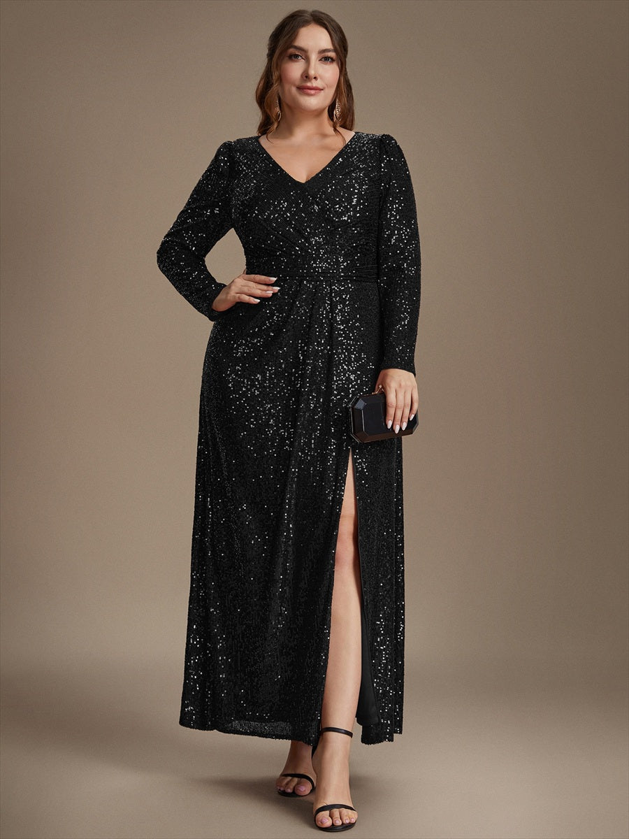Robe maxi ajustée à manches longues en V avec fermeture éclair au dos #Couleur_Noir