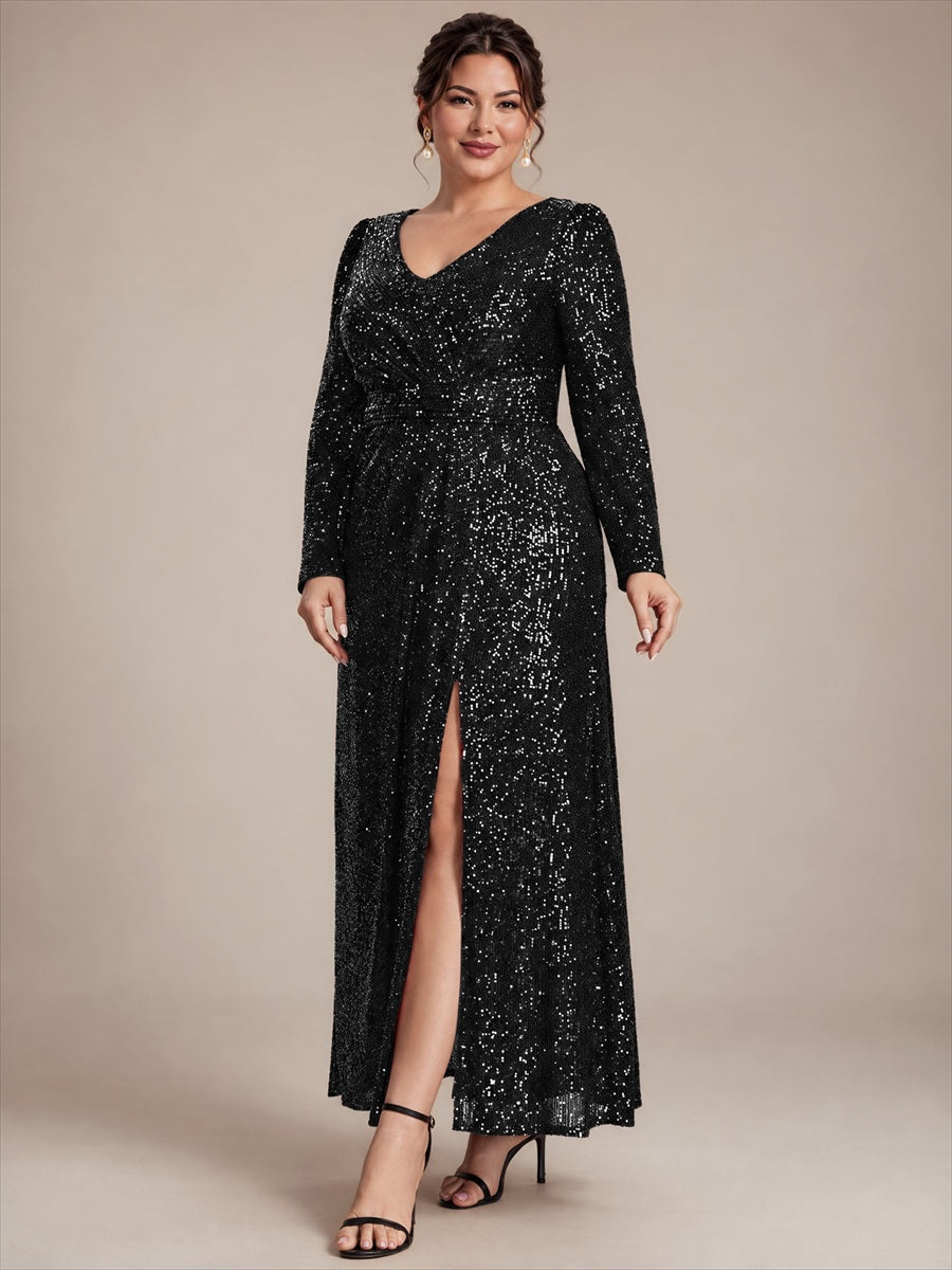 Robe maxi ajustée à manches longues en V avec fermeture éclair au dos #Couleur_Noir