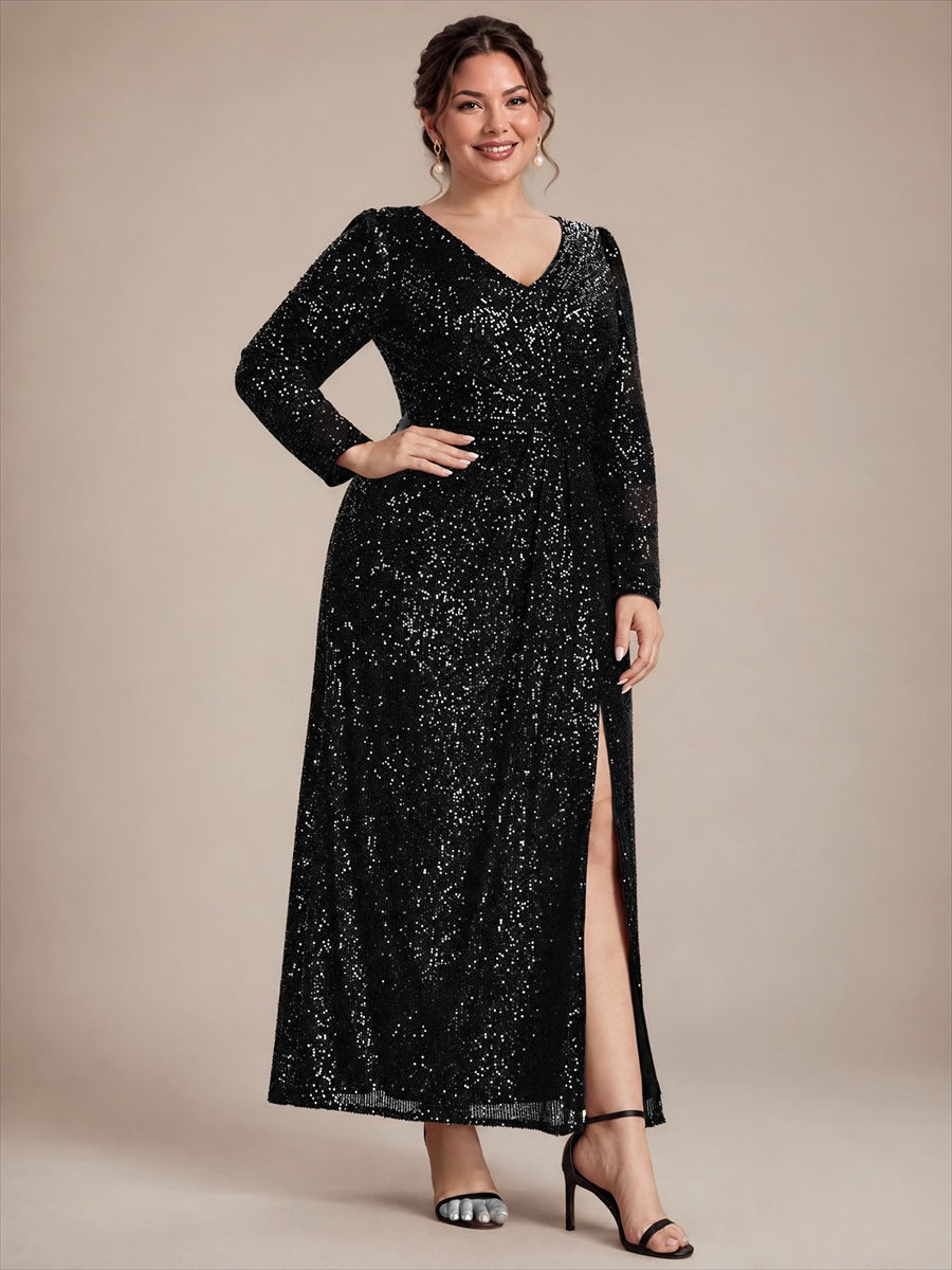 Robe maxi ajustée à manches longues en V avec fermeture éclair au dos #Couleur_Noir