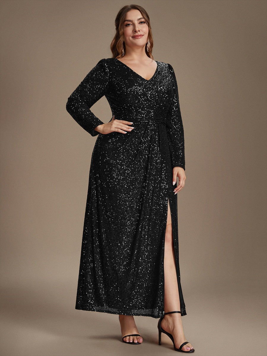 Robe maxi ajustée à manches longues en V avec fermeture éclair au dos #Couleur_Noir