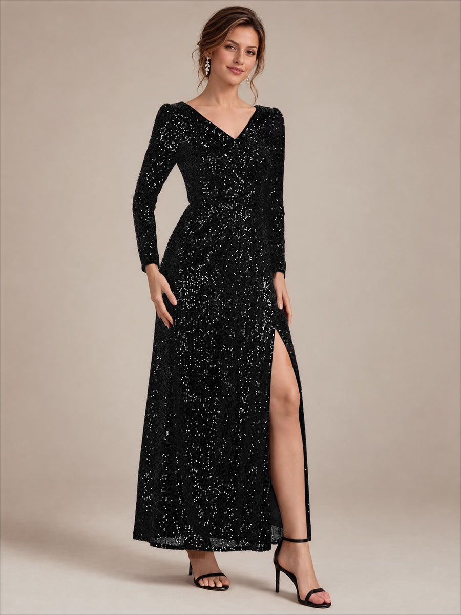 Robe maxi ajustée à manches longues en V avec fermeture éclair au dos #Couleur_Noir