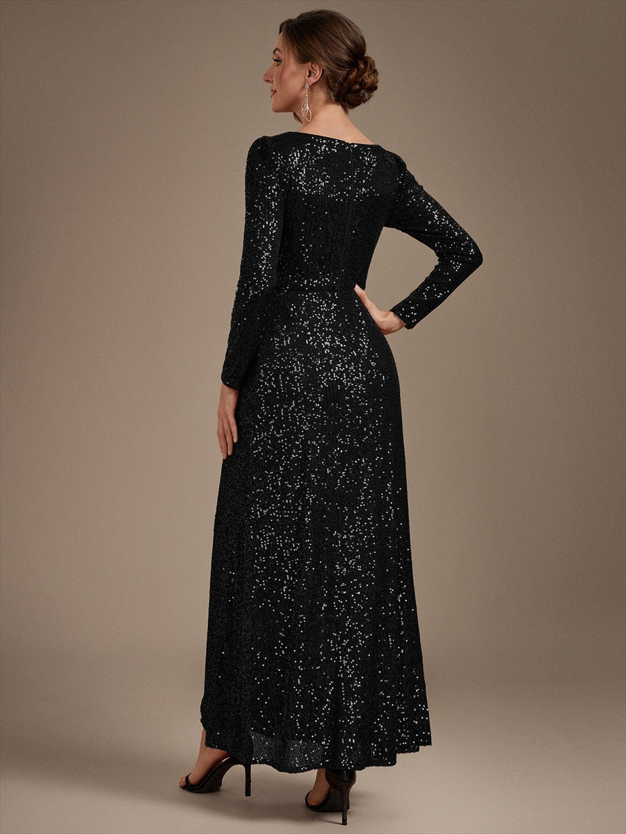 Robe maxi ajustée à manches longues en V avec fermeture éclair au dos #Couleur_Noir