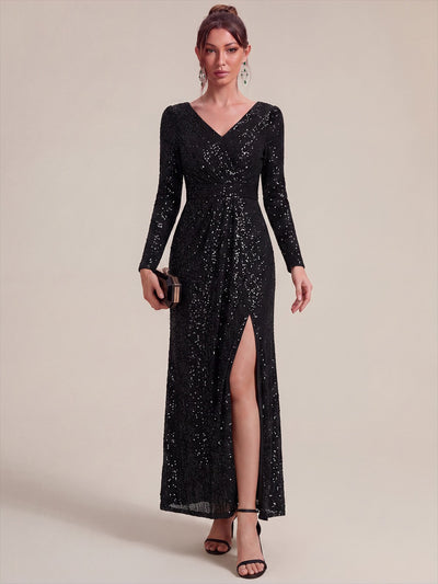 Robe longue à paillettes, manches longues et col V