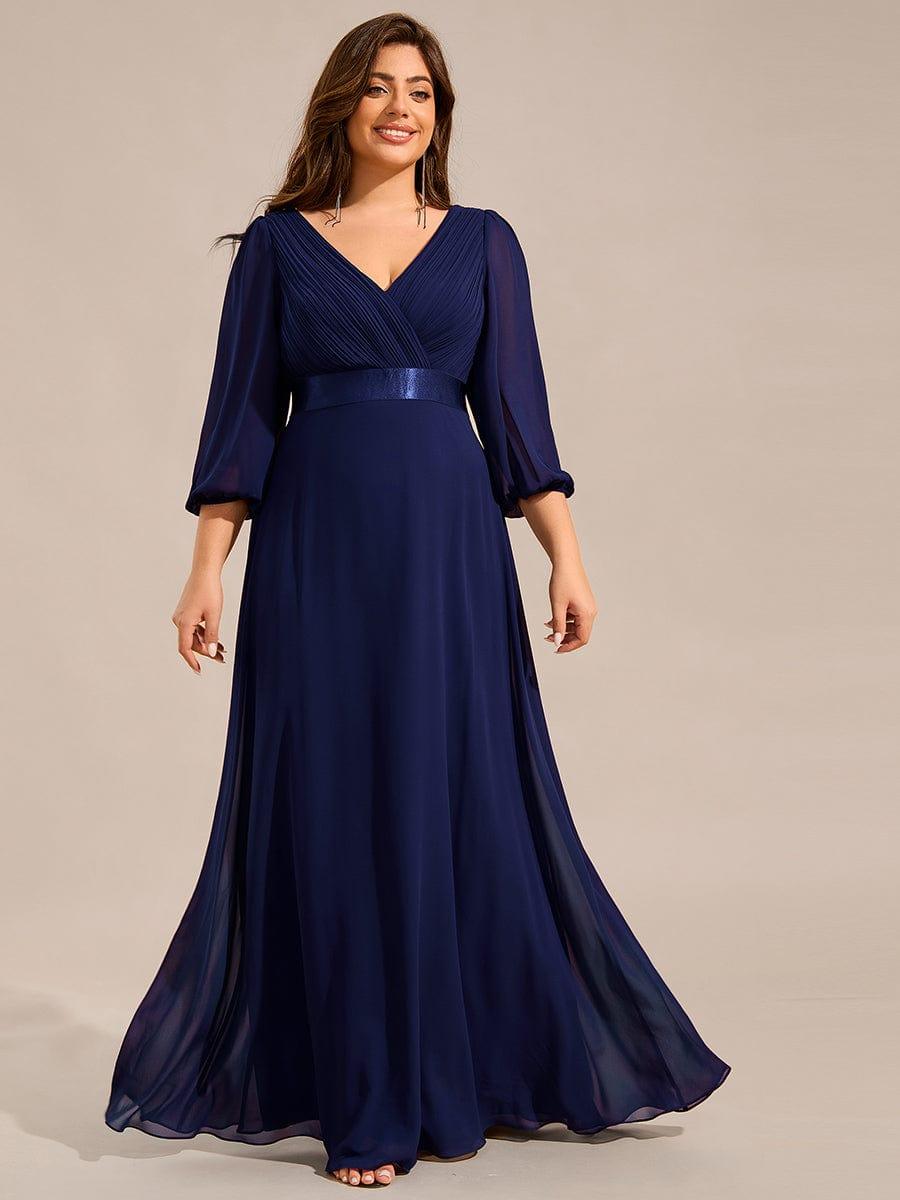 Robe de soirée taille empire plissée en mousseline de soie à manches longues #Couleur_Bleu Marine