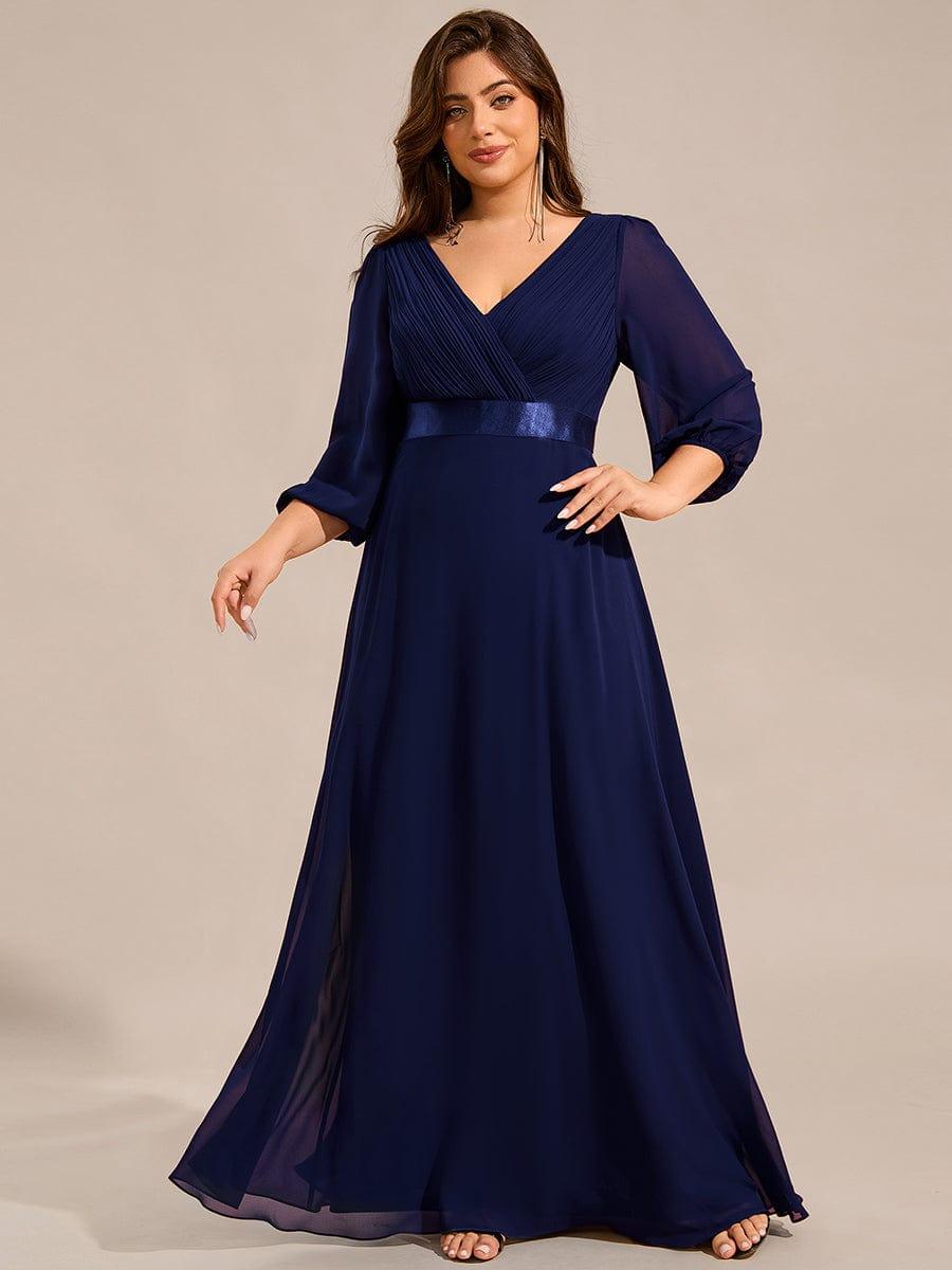 Robe de soirée taille empire plissée en mousseline de soie à manches longues #Couleur_Bleu Marine