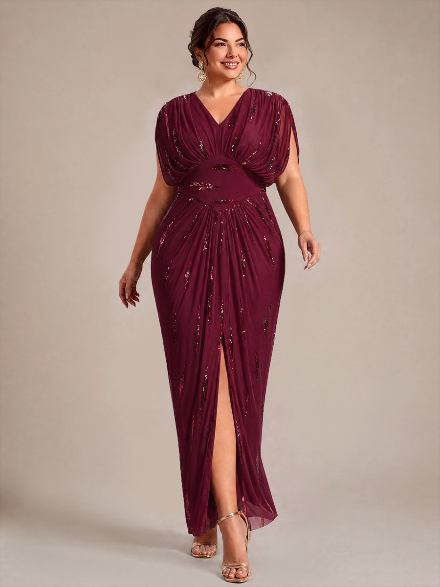 robe maxi bodycon à manches chauve-souris en sequins à col en V et manches courtes #Couleur_Bordeaux