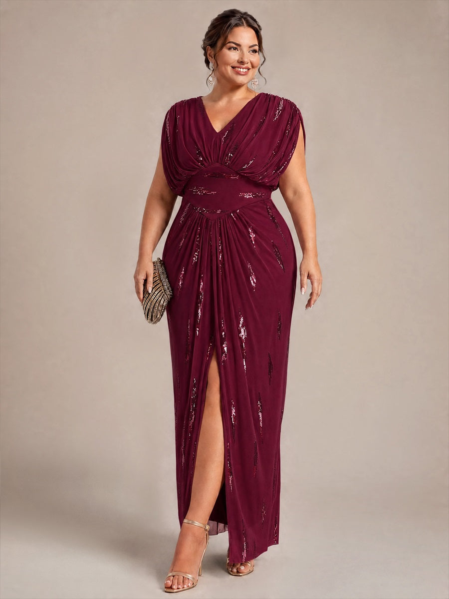robe maxi bodycon à manches chauve-souris en sequins à col en V et manches courtes #Couleur_Bordeaux