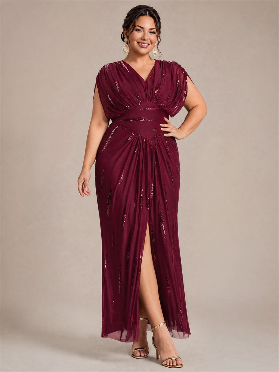 robe maxi bodycon à manches chauve-souris en sequins à col en V et manches courtes #Couleur_Bordeaux