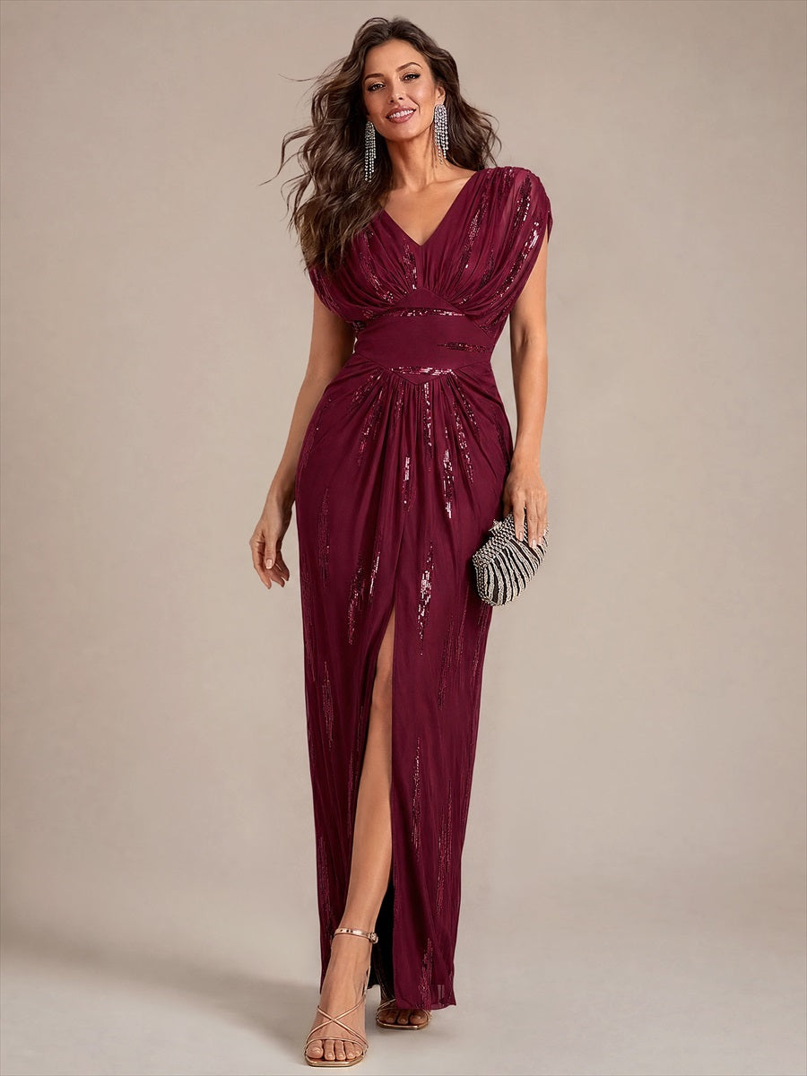 robe maxi bodycon à manches chauve-souris en sequins à col en V et manches courtes #Couleur_Bordeaux