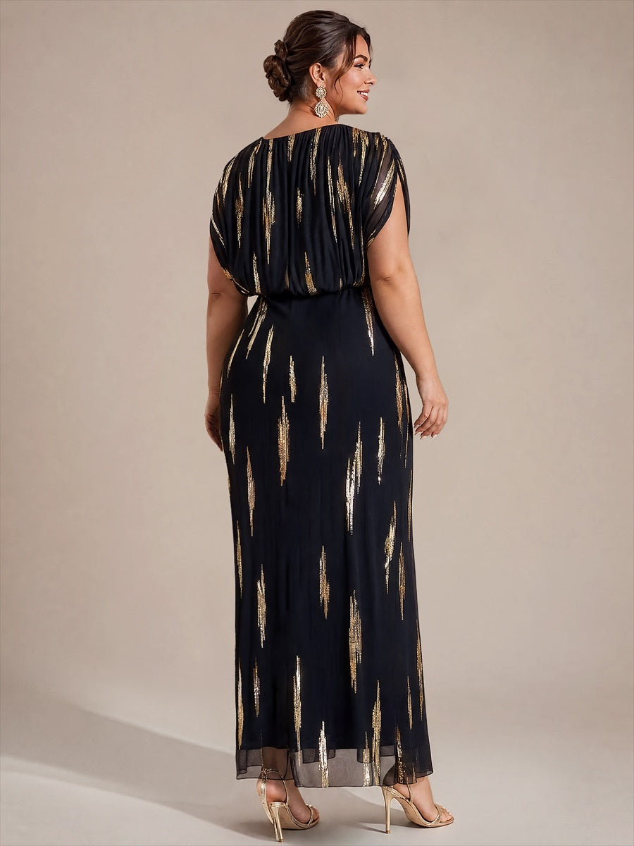 robe maxi bodycon à manches chauve-souris en sequins à col en V et manches courtes #Couleur_Noir / Or métallique