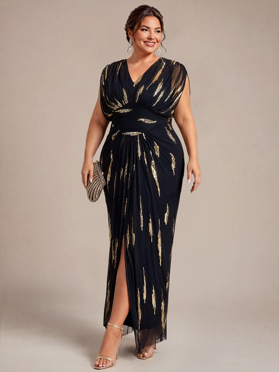 robe maxi bodycon à manches chauve-souris en sequins à col en V et manches courtes #Couleur_Noir / Or métallique
