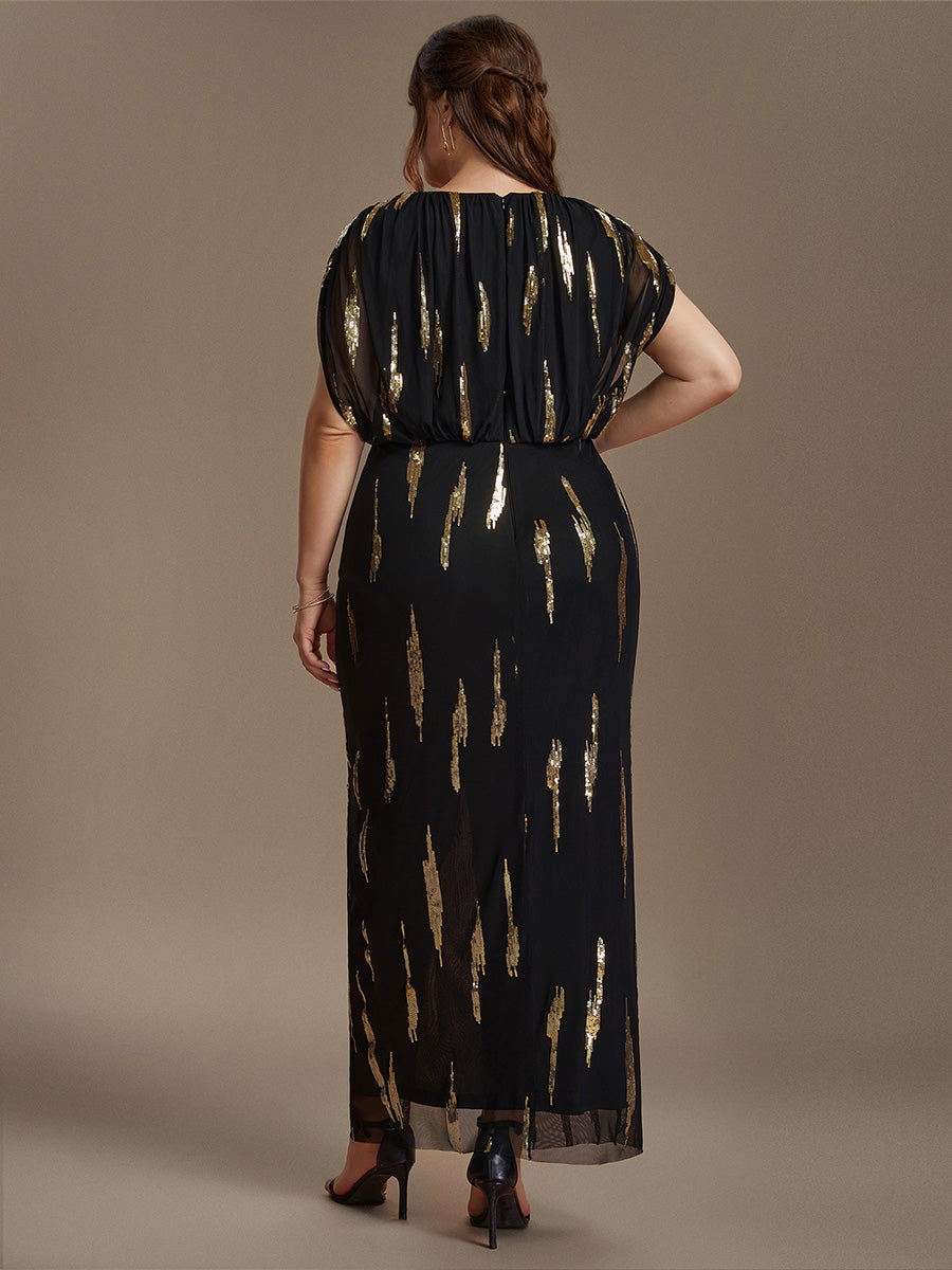 robe maxi bodycon à manches chauve-souris en sequins à col en V et manches courtes #Couleur_Noir & Or