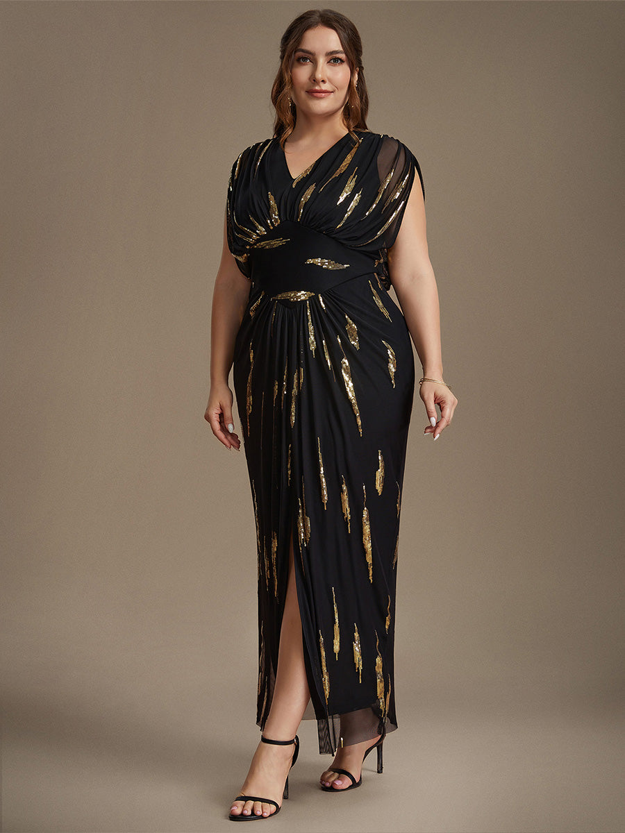robe maxi bodycon à manches chauve-souris en sequins à col en V et manches courtes #Couleur_Noir & Or