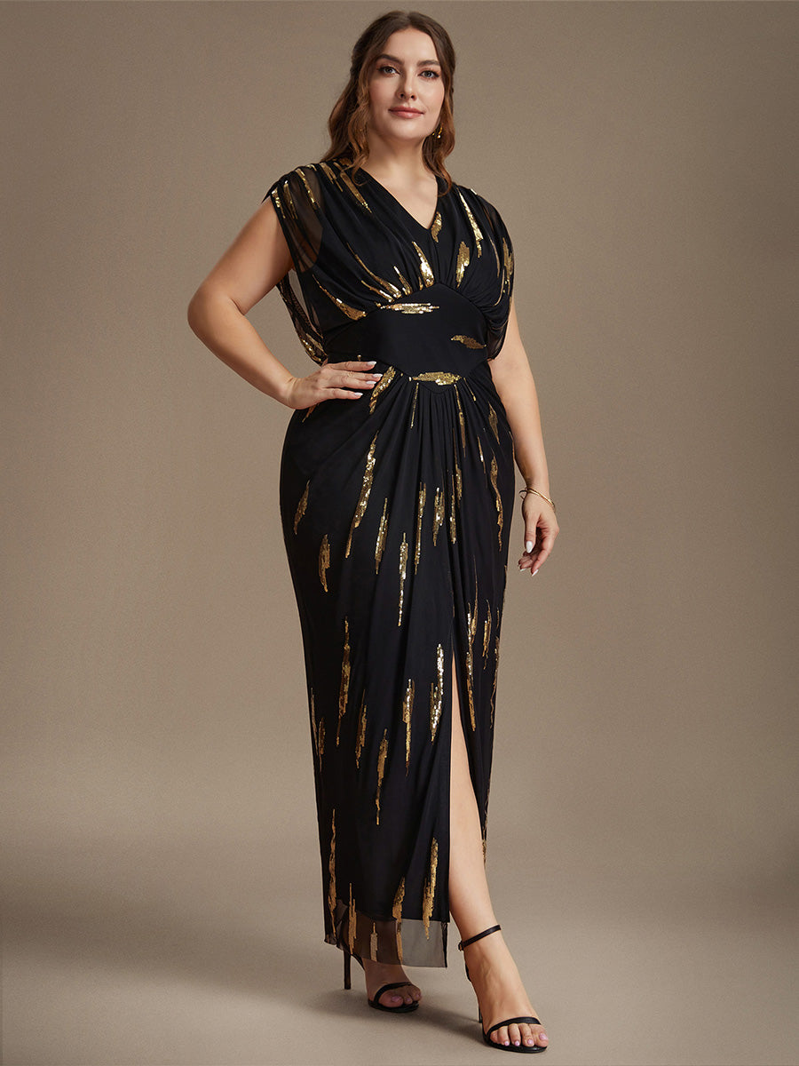 robe maxi bodycon à manches chauve-souris en sequins à col en V et manches courtes #Couleur_Noir & Or