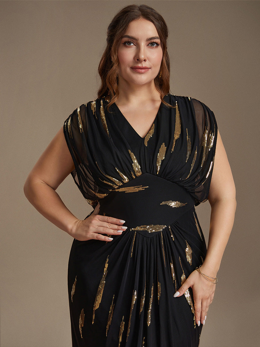 robe maxi bodycon à manches chauve-souris en sequins à col en V et manches courtes #Couleur_Noir & Or